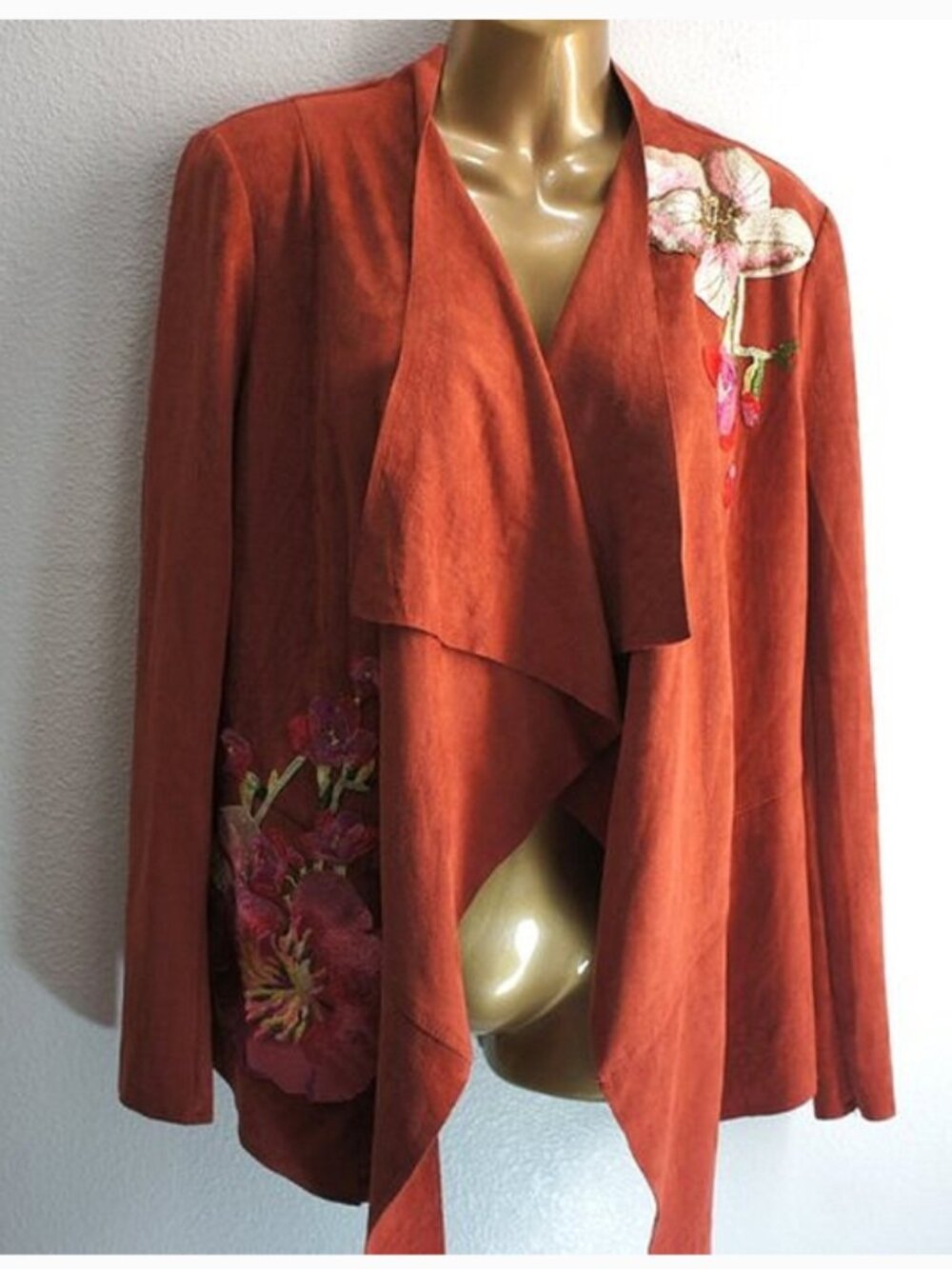 V Cristina Rust Faux Suede Embroidered Cardigan Jacket size S